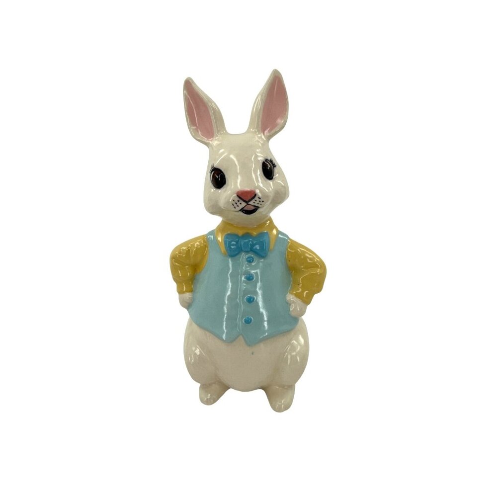 Vintage Ceramic Bunny‎ Figurine With Blue Vest & Yellow Shirt 9" Tall